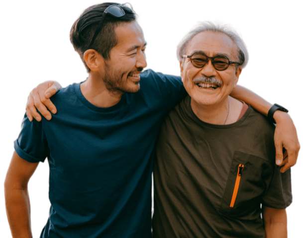 two men with arms wrapped around their shoulders and smiling